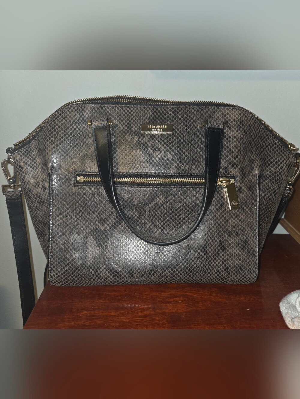 kate spade Gray Snake-Print Satchel with Black Handles
